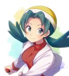  1girl aqua_hair artist_name blush breasts closed_mouth crystal_(pokemon) grey_eyes hair_tie happy hat holding holding_poke_ball jacket jewelry long_sleeves looking_at_viewer medium_breasts miu_(miuuu_721) necklace poke_ball poke_ball_(generic) pokemon pokemon_(game) pokemon_gsc red_shirt shiny shiny_hair shirt signature smile tied_hair twintails upper_body white_jacket yellow_headwear 