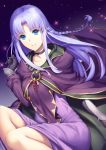  1girl black_gloves blue_eyes braid cape caster choker collarbone dress eyebrows_visible_through_hair fate/stay_night fate_(series) floating_hair gloves long_hair looking_at_viewer purple_cape purple_dress short_dress silver_hair smile solo sparkle touyama_sabu very_long_hair 