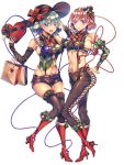  2girls aqua_hair bag black_headwear black_legwear boots bow bowtie breasts christmas detached_sleeves eyeball gem_oblivion gift hairband hat hat_bow heart high_heel_boots high_heels knee_boots komeiji_koishi komeiji_satori midriff mini_hat multiple_girls pink_hair plaid plaid_vest red_footwear shopping_bag short_shorts shorts simple_background thigh-highs third_eye touhou vest white_background 