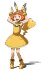  1girl :3 animal_ears arms_up black_legwear boots commentary_request dress fake_animal_ears flat_chest full_body hairband happy highres looking_at_viewer open_mouth orange_eyes pigeon-toed pikachu_tail pikarla pokemon pokemon_(anime) pokemon_sm_(anime) scrunchie shirt short_sleeves simple_background sleeveless sleeveless_dress smile socks solo standing tail teru_zeta white_background wrist_scrunchie yellow_dress yellow_footwear yellow_hairband yellow_shirt 