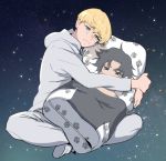  1boy asuka_ryou black_eyes black_hair blonde_hair blush closed_mouth crossed_legs crying dakimakura_(object) devilman devilman_crybaby fudou_akira full_body green_eyes holding hug imjayu nose_blush paw_print pillow solo space star star_(sky) tears zipper 