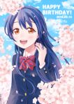  1girl bangs birthday blue_hair blush bow bowtie cherry_blossoms commentary_request dated day eyebrows_visible_through_hair hair_between_eyes hand_in_hair happy_birthday highres katanamaru_(blazeknight) long_hair looking_at_viewer love_live! love_live!_school_idol_project open_mouth otonokizaka_school_uniform outdoors petals red_neckwear school_uniform smile solo sonoda_umi striped striped_neckwear yellow_eyes 