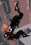  1boy 1girl black_hair black_skin breasts commentary genderswap genderswap_(mtf) hair_ribbon heart highres humanization long_hair marvel monster_girl personification peter_parker ribbon rope sharp_teeth smile somersaultdropkick spider-man spider-man_(series) symbiote teeth venom_(marvel) watermark web_address 