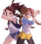  2girls ankea_(a-ramo-do) arm_up bangs bare_shoulders black_legwear black_vest blue_eyes blue_shorts breasts brown_hair closed_mouth cowboy_shot denim denim_shorts double_bun hair_tie happy highres holding holding_poke_ball legs_apart long_hair looking_at_another looking_to_the_side medium_breasts mei_(pokemon) multiple_girls open_mouth pantyhose poke_ball poke_ball_(generic) pokemon pokemon_(game) pokemon_bw pokemon_bw2 ponytail shiny shiny_hair shirt short_shorts shorts simple_background sleeveless sleeveless_shirt smile standing tied_hair touko_(pokemon) twintails vest white_background white_shirt wristband yellow_shorts 