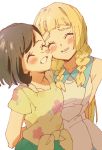  2girls ankea_(a-ramo-do) bangs bare_shoulders black_hair blonde_hair blush braid breasts cheek-to-cheek closed_eyes collarbone dress floral_print happy lillie_(pokemon) long_hair mizuki_(pokemon) multiple_girls parted_lips pokemon pokemon_(game) pokemon_sm shiny shiny_hair shirt short_hair short_sleeves simple_background sleeveless sleeveless_dress small_breasts smile standing swept_bangs teeth tied_hair tied_shirt twin_braids white_background white_dress yellow_shirt yuri 