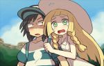  1boy 1girl bare_arms bare_shoulders baseball_cap black_hair blonde_hair blush braid collarbone constricted_pupils day dress furrowed_eyebrows green_eyes hat lillie_(pokemon) long_hair looking_at_another looking_at_viewer looking_to_the_side medium_hair open_mouth outdoors pale_skin pokemon pokemon_(game) pokemon_sm shirt shirt_grab shiwo_(siwosi) short_sleeves sleeveless sleeveless_dress sun_hat sundress tearing_up twin_braids upper_body white_dress white_headwear you_(pokemon) 