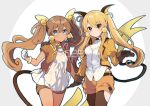  2girls :3 alolan_and_normal alolan_raichu bangs belt black_eyes black_gloves black_hair black_legwear blonde_hair blue_eyes blue_outline blush bracelet breasts brown_hair brown_shorts choker clenched_hand closed_mouth cowboy_shot dark_skin eyebrows_visible_through_hair gen_1_pokemon gloves hair_between_eyes hair_bobbles hair_ornament hand_up happy ikeuchi_tanuma jacket jewelry long_hair long_sleeves looking_at_viewer multiple_girls number outline personification pokemon pokemon_number raichu shiny shiny_hair shirt short_shorts short_sleeves shorts simple_background small_breasts smile standing tail thigh-highs tied_hair twintails two-tone_background white_choker white_gloves white_shirt yellow_jacket 