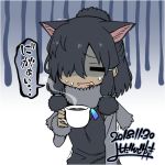  1girl alpaca_ears alpaca_suri_(kemono_friends) alpha_signature alternate_color alternate_hair_color animal_ears bangs black_hair closed_eyes coffee commentary cup dark_skin dated drink drooling ears_down extra_ears fur-trimmed_sleeves fur_scarf fur_trim hair_over_one_eye hand_up holding holding_cup kemono_friends long_sleeves lowres open_mouth scarf shaded_face signature solo steam sweat sweater sweating_profusely translated trembling wavy_mouth yoshida_hideyuki 