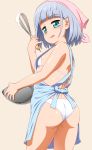  1girl apron ass bandana bangs bare_shoulders bikini blue_apron blunt_bangs bowl breasts capitan_(tsyoujo) eyebrows_visible_through_hair green_eyes highres looking_at_viewer looking_back original simple_background small_breasts standing swimsuit thighs tongue tongue_out whisk white_bikini white_hair 