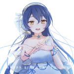  1girl bangs bare_shoulders birthday blue_hair blush character_name choker commentary_request emia_wang eyebrows_visible_through_hair hair_between_eyes hair_ornament hand_on_own_chest happy_birthday long_hair looking_at_viewer love_live! love_live!_school_idol_festival love_live!_school_idol_project open_mouth simple_background smile solo sonoda_umi star white_background yellow_eyes 