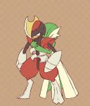  1boy 1girl bisharp black_eyes blade brown_background checkered checkered_background closed_eyes full_body gardevoir gen_3_pokemon gen_5_pokemon green_hair green_skin hair_over_one_eye hands_up hug hug_from_behind no_humans open_mouth pokemon pokemon_(creature) shiwo_(siwosi) short_hair simple_background standing sweat textless two-tone_skin white_skin 