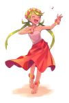  1girl ame_(ame025) arms_up bangs bare_shoulders barefoot blush breasts closed_eyes collarbone dancing dark_skin flower flower_wreath full_body green_hair hair_tie happy long_hair mallow_(pokemon) musical_note open_mouth pokemon pokemon_(game) pokemon_sm red_flower shiny shiny_hair shirt simple_background small_breasts smile solo standing strapless_shirt swept_bangs tied_hair twintails white_background white_shirt yellow_flower 