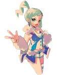  1girl ankea_(a-ramo-do) aqua_eyes aqua_hair bare_shoulders blue_shirt blue_shorts blue_skirt blush cropped_legs fur_trim hair_ornament hand_on_hip hand_up happy high_ponytail highres idol looking_at_viewer lucia_(pokemon) open_mouth pokemon pokemon_(game) pokemon_oras shirt short_shorts shorts showgirl_skirt simple_background skirt sleeveless sleeveless_shirt smile solo standing tied_hair w white_background 