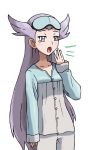  1girl alternate_costume blue_shirt blush breasts collarbone cowboy_shot gym_leader half-closed_eyes hand_up long_hair long_sleeves nagi_(pokemon) open_mouth pajamas pants pokemon pokemon_(game) pokemon_oras purple_hair shirt simple_background sleep_mask small_breasts solo standing tears teru_zeta violet_eyes white_background white_pants yawning 