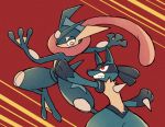  animal_ears arm_up arms_up battle clenched_teeth cowboy_shot duel eye_contact furry gen_4_pokemon gen_6_pokemon greninja hand_up jumping long_tongue looking_at_another looking_up lucario no_humans outstretched_arm pokemon pokemon_(creature) red_background red_eyes shiwo_(siwosi) simple_background standing tail teeth tongue tongue_out two-tone_background wolf_ears 