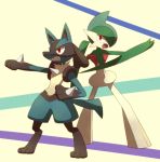  angry animal_ears arm_up back-to-back beige_background blue_hair clenched_teeth fighting_stance from_behind full_body furry gallade gen_4_pokemon green_hair green_skin hair_over_one_eye hand_up looking_at_viewer looking_back lucario multicolored_hair no_humans open_mouth outstretched_arm pokemon pokemon_(creature) red_eyes sharp_teeth shiwo_(siwosi) short_hair standing tail teeth two-tone_hair two-tone_skin white_skin wolf_ears 