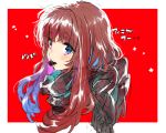  1girl baby_i_love_you_daze blue_hair brown_hair bump_of_chicken chocolate eating food girl_(baby_i_love_you_daze) gradient_hair green_eyes long_hair mouth_hold multicolored_hair oekaki purple_hair red_background scarf song_name taira_kosaka translated 