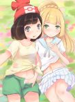 2girls :p assisted_exposure beanie black_hair blonde_hair blush breasts closed_mouth collarbone commentary_request eyebrows_visible_through_hair fingernails floral_print green_eyes green_shorts hand_on_own_chest hat lillie_(pokemon) long_hair mizuki_(pokemon) multiple_girls navel open_clothes open_skirt panties pokemon pokemon_(game) pokemon_sm ponytail print_shirt pulled_by_another red_headwear shirt shirt_lift short_hair short_sleeves shorts skirt skirt_lift small_breasts smile tied_shirt tongue tongue_out underwear white_panties white_shirt white_skirt yellow_shirt yuno_(mioalice) yuri 