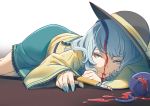  1girl bleeding blood blood_on_face boxcutter fingernails green_eyes green_hair green_nails green_skirt hat highres injury kawayabug komeiji_koishi nail_polish on_ground self-mutilation shirt simple_background skirt slit_pupils solo third_eye touhou veins yellow_shirt 