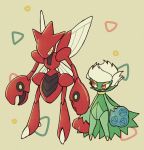  beige_background blue_flower blue_rose eye_contact flower full_body gen_2_pokemon gen_4_pokemon half-closed_eyes insect_wings looking_at_another looking_to_the_side no_humans open_mouth pokemon pokemon_(creature) red_eyes red_flower red_rose rose roserade scizor shiwo_(siwosi) short_hair standing white_hair wings yellow_eyes 