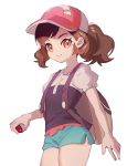  1girl ankea_(a-ramo-do) ayumi_(pokemon) backpack bag bangs baseball_cap black_shirt brown_hair child closed_mouth cowboy_shot flat_chest green_shorts hand_up happy hat highres holding holding_poke_ball looking_at_viewer orange_eyes poke_ball poke_ball_(generic) poke_ball_theme pokemon pokemon_(game) pokemon_lgpe ponytail puffy_short_sleeves puffy_sleeves red_headwear shirt short_shorts short_sleeves shorts simple_background smile solo standing swept_bangs tied_hair white_background 
