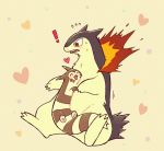  ! :3 beige_background blush closed_eyes constricted_pupils fang fire flying_sweatdrops full_body furret gen_2_pokemon happy heart hug looking_at_another looking_down no_humans open_mouth pokemon pokemon_(creature) shiwo_(siwosi) sitting smile spread_legs surprised sweat typhlosion 