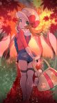  1girl autumn bag blue_eyes blue_shorts bow breasts brown_hair cellphone chorimokki fingernails from_behind grass hand_up handbag hat hat_bow holding holding_poke_ball kotone_(pokemon) looking_at_viewer looking_back open_mouth outdoors phone poke_ball poke_ball_(generic) poke_ball_symbol poke_ball_theme pokemon pokemon_(game) pokemon_hgss red_bow red_footwear red_shirt shirt shoes short_shorts shorts small_breasts solo standing sunset suspenders thigh-highs tied_hair tree twintails walking white_headwear white_legwear 