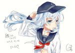  1girl adjusting_clothes adjusting_hat anchor_symbol blue_eyes blue_sailor_collar closed_mouth collarbone commentary_request crying crying_with_eyes_open dated eyebrows_visible_through_hair fingernails flat_cap hair_between_eyes hand_on_own_chest hat hatu_xxgoukan hibiki_(kantai_collection) kantai_collection long_hair long_sleeves looking_to_the_side neckerchief red_neckwear sailor_collar school_uniform serafuku signature silver_hair simple_background solo tears translated upper_body white_background white_hair white_serafuku 