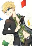  1boy belt blonde_hair gakuran grin hawaiian_shirt highres jewelry male_focus necklace nikame paper school_uniform shirt smile solo sunglasses to_aru_majutsu_no_index tsuchimikado_motoharu 