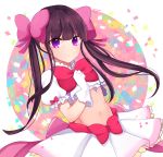  1girl :o blend_s bow bowtie brown_hair eyebrows_visible_through_hair floating_hair gloves hair_bow highres long_hair looking_at_viewer midriff miniskirt navel pink_bow red_bow red_neckwear sakuranomiya_maika short_sleeves skirt solo stomach ttvillage03 twintails violet_eyes white_gloves white_skirt 