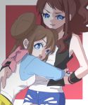  2girls ankea_(a-ramo-do) bangs bare_shoulders black_vest blue_eyes blue_shorts border breasts brown_hair closed_mouth collarbone cowboy_shot denim denim_shorts double_bun hand_on_hip happy holding holding_poke_ball hug looking_at_viewer looking_back mei_(pokemon) multiple_girls open_mouth pantyhose poke_ball poke_ball_(generic) pokemon pokemon_(game) pokemon_bw pokemon_bw2 ponytail red_background shirt short_shorts shorts simple_background sleeveless sleeveless_shirt small_breasts smile standing swept_bangs tied_hair tongue tongue_out touko_(pokemon) twintails vest white_border white_shirt yuri 