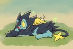  closed_eyes electricity fang full_body gen_1_pokemon gen_4_pokemon half-closed_eyes jolteon looking_back luxray lying no_humans on_stomach pokemon pokemon_(creature) red_sclera shiwo_(siwosi) sleeping yellow_eyes zzz 