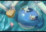  bird black_eyes closed_eyes closed_mouth day from_above full_body gen_3_pokemon looking_at_viewer luvdisc no_humans outdoors pelipper pippi_(pixiv_1922055) pokemon pokemon_(creature) riding riding_pokemon shadow shiny swimming teeth wailmer water wingull |_| 