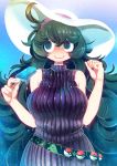  1girl ahoge al_bhed_eyes bare_arms bare_shoulders black_hair breasts closed_mouth dress food gen_1_pokemon gengar hairband hakkasame hands_up hat hex_maniac_(pokemon) highres holding holding_food large_breasts long_hair melting messy_hair npc_trainer poke_ball poke_ball_(generic) pokemon pokemon_(game) pokemon_xy popsicle purple_dress purple_hairband ribbed_dress sleeveless sleeveless_dress smile solo sun_hat sweat very_long_hair wavy_mouth white_headwear 