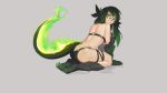  1girl all_fours ass bare_shoulders black_hair bra claws commentary english_commentary fiery_tail fire from_side full_body fur fusion glasses gradient_hair green_eyes green_fire green_hair grey_background grin highres leaning_forward long_hair looking_at_viewer looking_back monster_girl monster_girl_encyclopedia multicolored_hair o-ring original paintrfiend panties paws salamander_(monster_girl_encyclopedia) simple_background sitting smile solo tail teeth tharkis thigh_strap underwear 