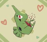  closed_mouth flower full_body gen_2_pokemon happy heart holding holding_flower horn larvitar looking_at_viewer no_humans pokemon pokemon_(creature) red_eyes shiwo_(siwosi) smile solo white_flower 