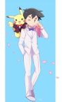  1boy :3 arm_up artist_name bangs black_jacket blue_background blue_neckwear blush_stickers bouquet bow bowtie brown_eyes flower formal full_body gen_1_pokemon grin hand_in_pocket hand_up happy holding jacket jpeg_artifacts long_sleeves looking_at_another looking_at_viewer looking_to_the_side male_focus mei_(maysroom) one_eye_closed open_mouth pants petals pikachu pink_bow pokemon pokemon_(anime) pokemon_(creature) pokemon_on_shoulder red_neckwear satoshi_(pokemon) shirt shoes signature simple_background smile standing suit teeth tuxedo white_footwear white_jacket white_pants white_shirt white_suit 