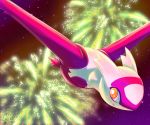  commentary creature english_commentary fireworks flying full_body gen_3_pokemon highres latias legendary_pokemon night night_sky pokemon pokemon_(creature) sky solo star_(sky) starry_sky twime777 yellow_eyes 