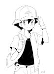  adjusting_headwear artist_name bangs baseball_cap belt closed_mouth collarbone fingerless_gloves gloves greyscale hair_between_eyes hands_up happy hat jacket jpeg_artifacts looking_to_the_side mei_(maysroom) monochrome pants poke_ball pokemon pokemon_(anime) pokemon_(classic_anime) satoshi_(pokemon) shirt short_hair short_sleeves signature sketch smile standing 