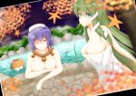  3girls air_bubble bare_shoulders blue_eyes bubble commentary_request covering covering_breasts frog_hair_ornament green_hair hair_ornament highres kochiya_sanae leaf long_hair maple_leaf moriya_suwako multiple_girls naked_towel notya nude one_eye_closed onsen partially_submerged photo_(object) purple_hair pyonta red_eyes rope shimenawa short_hair snake_hair_ornament touhou towel water yasaka_kanako 