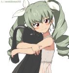  1girl anchovy artist_name bangs camisole closed_mouth commentary drill_hair eyebrows_visible_through_hair from_side girls_und_panzer green_hair hair_ribbon half-closed_eyes holding holding_stuffed_animal kayabakoro lace lace-trimmed_shirt light_blush long_hair looking_at_viewer oversized_object pajamas red_eyes ribbon shirt simple_background sketch smile solo standing stuffed_animal stuffed_bunny stuffed_toy twin_drills twintails twitter_username upper_body white_background white_ribbon white_shirt 