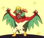  arms_up black_sclera blank_eyes blue_eyes claw_pose claws full_body furry gen_5_pokemon gen_6_pokemon hawlucha joltik no_humans on_head open_mouth pokemon pokemon_(creature) pokemon_on_head shiwo_(siwosi) simple_background standing wings yellow_background yellow_eyes 