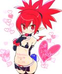  1girl bat_wings bikini blush braid commentary_request demon_tail disgaea earrings elbow_gloves etna gloves hekaton jewelry midriff mouth_hold navel pointy_ears red_eyes redhead smile solo swimsuit tail thigh-highs twin_braids valentine wings 