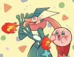  blue_eyes blush blush_stickers breathing_fire fire flying_sweatdrops full_body furry gen_6_pokemon greninja hands_up jumping kirby kirby_(series) long_tongue no_humans nose_blush open_mouth pokemon pokemon_(creature) red_eyes shiwo_(siwosi) standing super_smash_bros. sweat tail tongue tongue_out wide-eyed yellow_background 