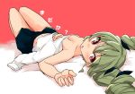  1girl :o anchovy anzio_school_uniform bangs barashiya black_ribbon black_skirt commentary covering covering_breasts dress_shirt drill_hair girls_und_panzer green_hair hair_ribbon hand_on_own_stomach holding_shirt light_blush long_hair long_sleeves looking_at_viewer looking_back lying miniskirt navel on_back open_mouth pleated_skirt red_background red_eyes ribbon school_uniform shadow shirt shirt_removed skirt solo translated twin_drills twintails white_shirt 