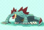  all_fours blue_background checkered checkered_background claws feraligatr full_body gen_2_pokemon looking_at_viewer no_humans open_mouth pokemon pokemon_(creature) sharp_teeth shiwo_(siwosi) simple_background teeth yellow_eyes 
