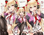  1girl azur_lane bangs black_legwear blonde_hair blush breasts candy cat_ear_headphones concord_(azur_lane) crossed_legs diagonal-striped_background diagonal_stripes fang feet food hair_between_eyes hair_ornament hair_ribbon headphones highres hood hooded_jacket jacket kanjitomiko long_hair looking_at_viewer medium_breasts multiple_views no_shoes open_clothes open_jacket open_mouth pleated_skirt red_eyes ribbon skirt smile star star-shaped_pupils striped striped_background symbol-shaped_pupils thigh-highs translation_request twintails zettai_ryouiki 