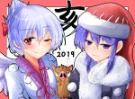  2019 2girls :3 ;) adapted_costume bangs black_kimono blue_eyes blue_hair blush boar border bow breast_smother breasts collarbone commentary_request doremy_sweet eyebrows_visible_through_hair fur_trim giving_up_the_ghost hair_between_eyes hair_bow half_updo hat japanese_clothes kimono kishin_sagume large_breasts looking_at_viewer multiple_girls nightcap one_eye_closed oshiaki outside_border pom_pom_(clothes) red_border red_bow red_eyes red_headwear short_hair sidelocks silver_hair simple_background single_wing smile touhou translated upper_body white_background white_kimono white_wings wings 