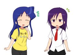  2girls aizawa_chizuru black_shorts blue_hair closed_eyes goshiki_agiri kill_me_baby long_hair multiple_girls nanchang necktie purple_hair school_uniform shinryaku!_ikamusume shirt short_sleeves shorts simple_background skirt t-shirt translation_request yellow_shirt 