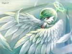  1girl angel angel_wings artist_name commentary_request feathered_wings feathers gardevoir gen_3_pokemon green_hair green_skin hair_over_one_eye halo jpeg_artifacts kagure_(karaguren) no_humans no_mouth orange_eyes pokemon pokemon_(creature) short_hair signature solo two-tone_skin white_skin wings 